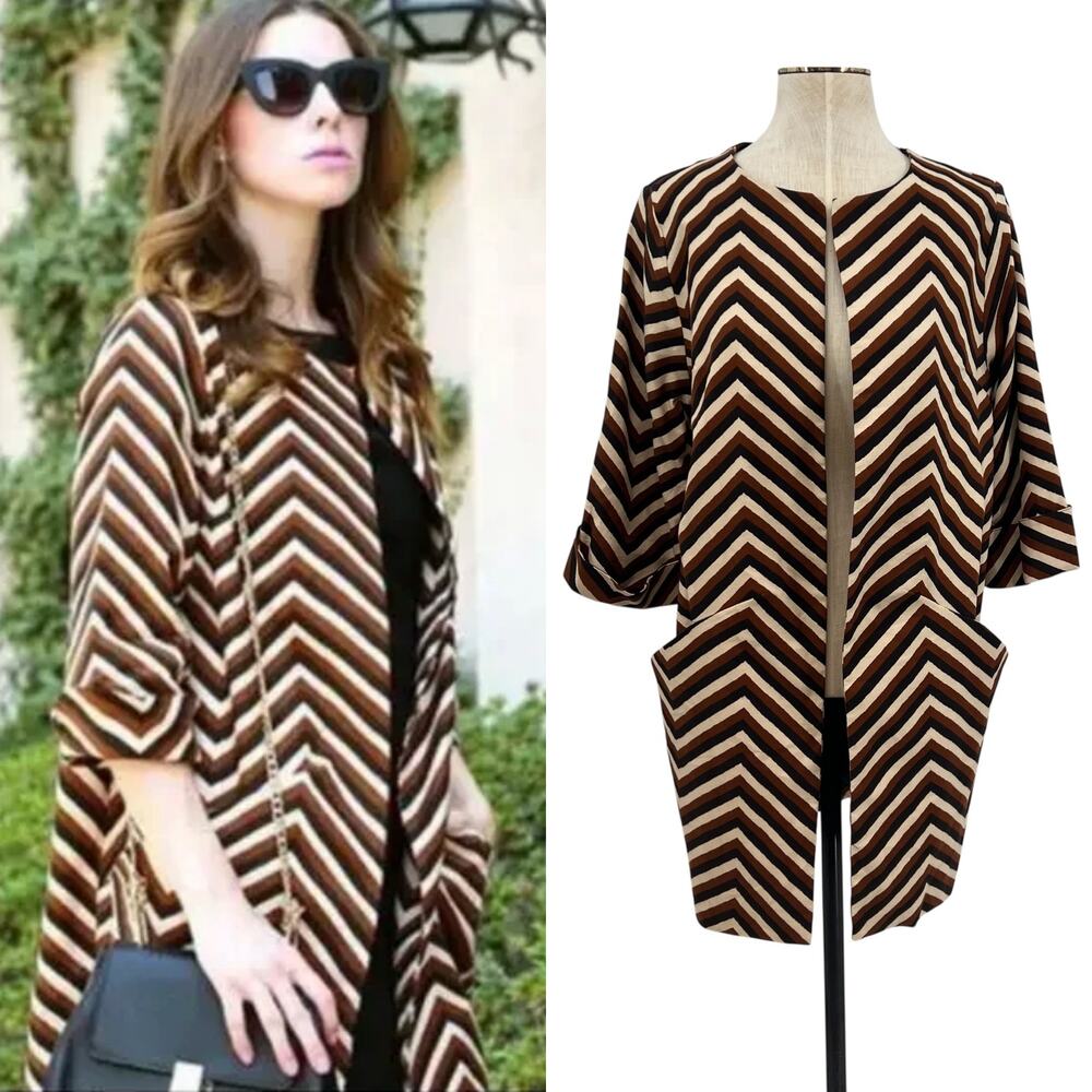 Anthropologie Eva Franco Chevron Print Car Coat Jacket Brown Black Size XS Small